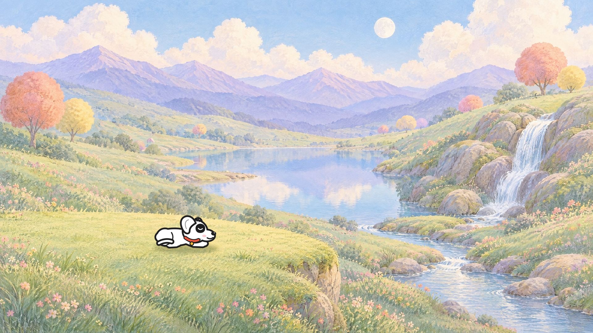 The Underdog mascot asleep on a grassy hill above a lake, with a waterfall and lavender mountains.